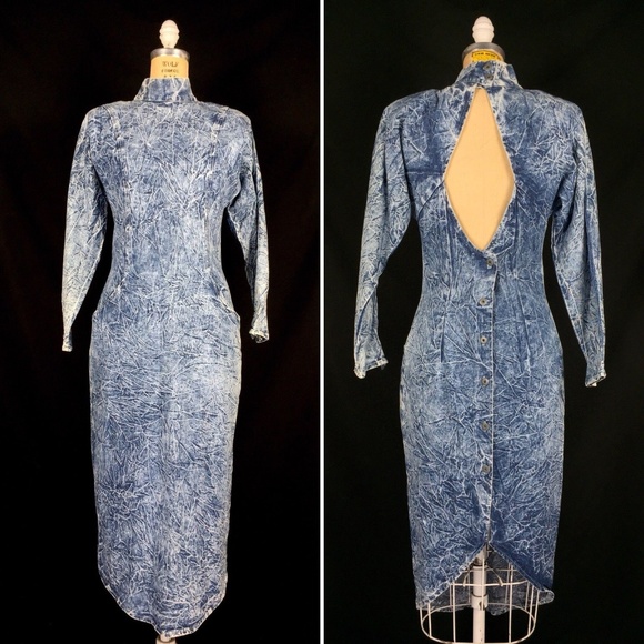 Vintage Dresses & Skirts - 80's Acid Wash Mock Neck Open Back Pencil Dress